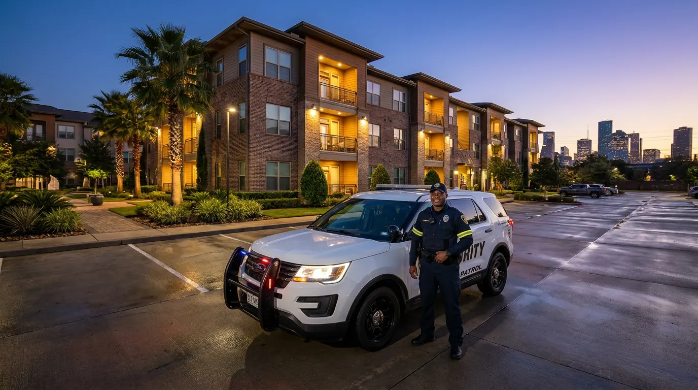 Uniformed multifamily security officer patrolling Houston apartment community courtyard at night